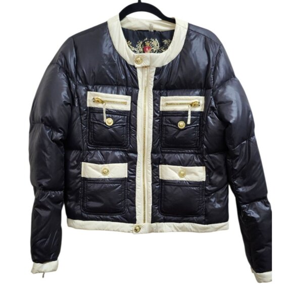 Y2k Twisted Heart Black White Trim Puffer Jacket Gold Button Zip Pockets - Picture 2 of 11